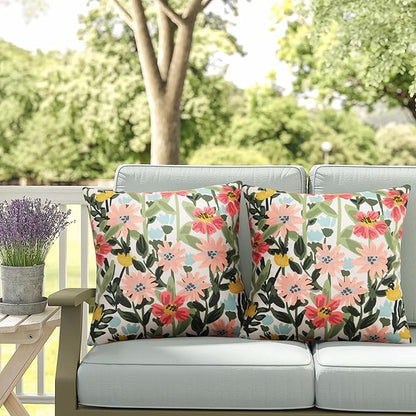 Pyonic Outdoor Pillows Cover Pack of 2 Floral Waterproof Throw Pillow Covers 20X20 inch Outdoor Pillows for Patio Furniture Garden Square Outside Waterproof Pillow