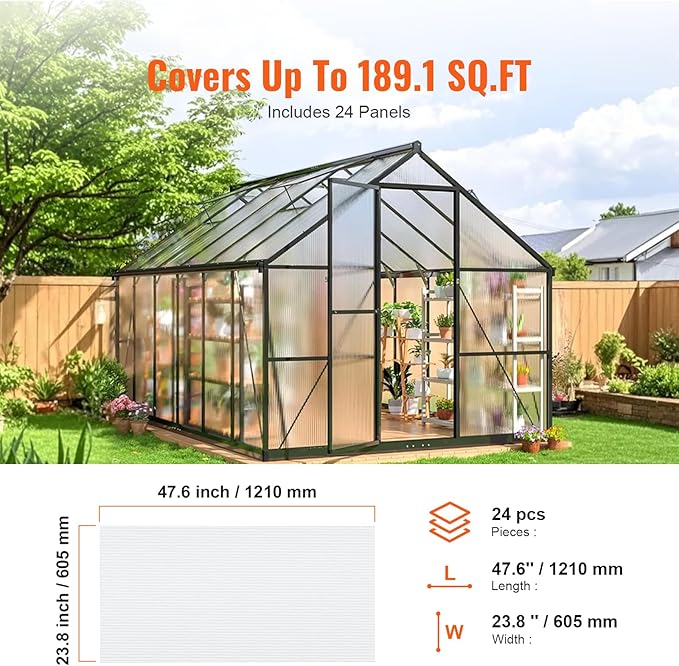 VEVOR 24 Pack Polycarbonate Greenhouse Panels, 2' X 4' X 0.16'' Roof Panels Sheets, Waterproof UV Protected Corrugated Plastic Roofing, Impact Resistance Clear Roofing Sheets for Greenhouse/Garden