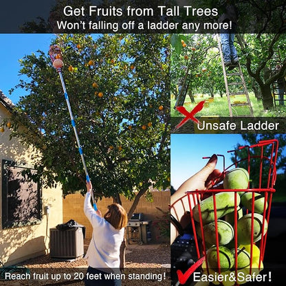 DonSail Pomelo Fruit Picker Pole Tool with Basket Telescoping Long Handle, 35-95 Inch Adjustable Orange Apple Picker Pole Tool with Basket for Avocado Acorn Lemon Pear Mango Tree Picker