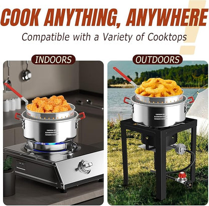 10QT Aluminum Fish Fryer Pot with Basket | Deep Fryer with Lid | Thermometer | Fryer Tongs & Easy Grip Handle for Cooking Seafood | French Fries | Chicken Wings
