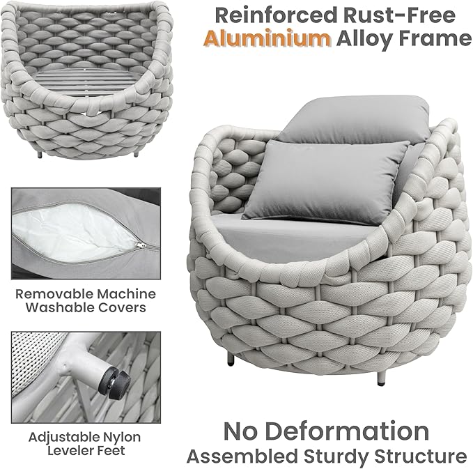 Patio Accent Chairs Set of 2: Aluminum Porch Lounge Chair with Arms - Woven Rope Cushioned Armchair - Modern One Seater Chair - Outdoor Deck Furniture for 400lbs Balcony Lanai Garden Hotel, Gray