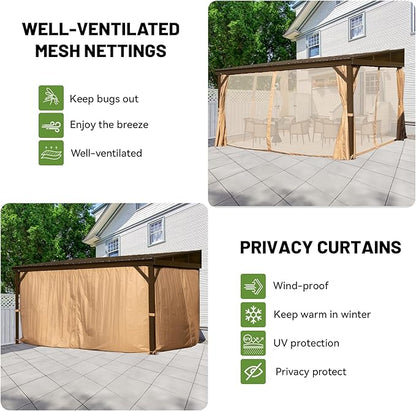 10x14FT Lean to Gazebo, Outdoor Hardtop Wall Mounted Gazebo with Gutter & Sloping Galvanized Steel Roof, Metal Frame Mount Gazebos with Netting & Curtain for Deck, Porch, Backyard
