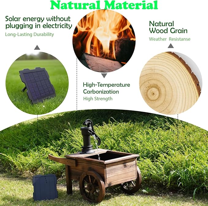 Carbonized Wood Outdoor Freestanding Fountain - Movable Vintage Hand Pump Cart, Solar-Powered Electric Decorative Water Feature for Patio, Garden & Indoor Decoration