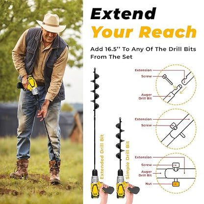 Auger Drill Bit for Planting 3 Pack with Extension - Spiral Hole Planter for Bulbs, Fence Posts, and Umbrella Holes - 3/8'' Hex Drive Drill- Gardening Hole Digger Yard Tools - Garden Drill Attachments