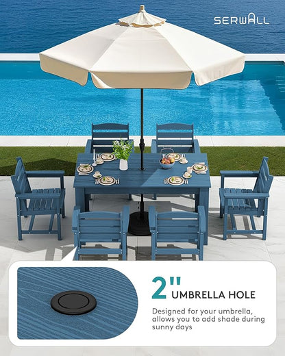 SERWALL HDPE Dining Set for 4, Outdoor Dining Sets for 4 Person with 1 Umbrella Hole Cut-Out Rectangular Table and 4 Chairs, Patio Dining Sets Blue