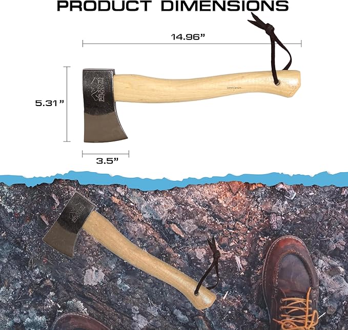 Prandi Axes Yankee C45 Forged Carbon Steel Hatchet - Hickory Handle with Leather String - Ideal for Camping, Travel and Bushcraft - S/N 3.043.06.TH - 15" L x 5.3" 1W, 600g Polished Head, No Sheath