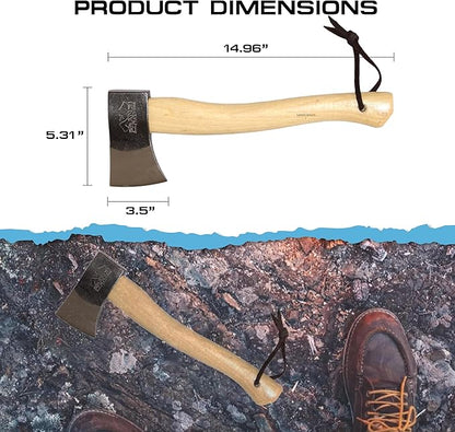 Prandi Axes Yankee C45 Forged Carbon Steel Hatchet - Hickory Handle with Leather String - Ideal for Camping, Travel and Bushcraft - S/N 3.043.06.TH - 15" L x 5.3" 1W, 600g Polished Head, No Sheath