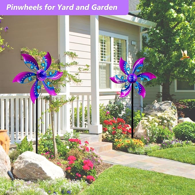 Wind Spinners Outdoor Metal, 10.63" W*37" H Pinwheels for Yard and Garden Decor, Kinetic Wind Sculpture Spinner Yard Art (Purple)