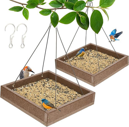 Kingsyard 2 Pack Platform Bird Feeder Tray for Outdoor Hanging - Durable Recycled Plastic & Metal Mesh, Large 3.5 lbs Capacity, Ideal for Attracting Large Birds, Brown