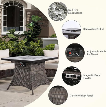 3-Piece Wicker Patio Furniture Set, 2 Armchairs and 1 Fire Pit, Conversation Set with Cushions, Red