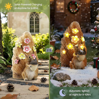 Solar Squirrel with Acorn Statue Light,Weatherproof Resin Animal Figurine Light Garden Decor Auto On/Off - Woodland for Patio & Yard