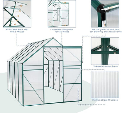 Favfurish 6X10 FT All Season Heavy Duty Walk-in Greenhouses, Outdoor Polycarbonate Plants Green House for Backyard Garden, Sliding Door Raised Base Anchor Aluminum, Green