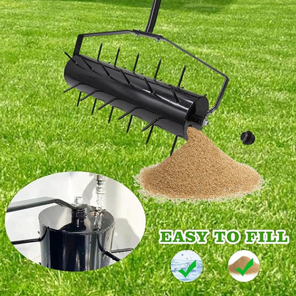 18 Inch Heavy Duty Rolling Lawn Aerator, Adjustable Weight Manual Roller Lawn Aerator Tool with Pre-Welded Spike, Hand Roller Soil Aerator for Garden Yard Lawn Grass Care with 49 Inch Steel Handle