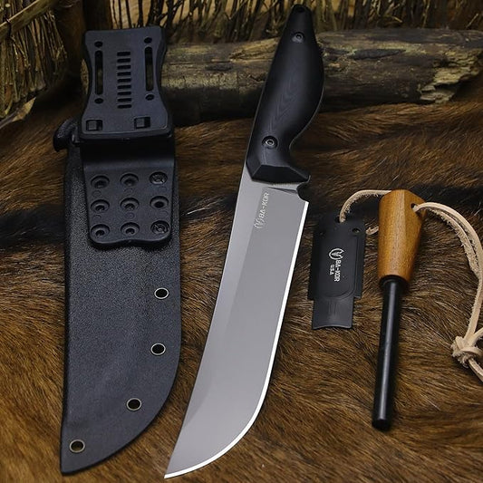BA-KOR 5MM (9CR18MOV) steel 12.8'' full tang camping knife +K sheathing &5.9" cerium igniter can be used outdoors for outdoor hunting, camping, obstacle clearing, wood chopping, BBQ, fishing, kitchen cutting, EDC tools, gifts