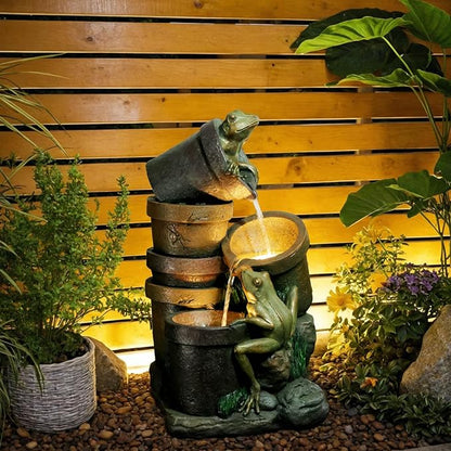 27.2''H Garden Fountains Outdoor Water Fountain,3 Tier Cascading Barrel Frog with LED Lights & Pump for Farmhouse Patio Yard Deck Home Lawn Porch House Decorations