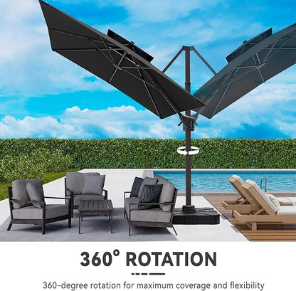 10x13 FT Cantilever Patio Umbrella with Base Included Double Top Outdoor Rectangular Large Heavy Duty Aluminum Offset Umbrellas with 7 Level Tilt 360-degree Rotation for Pool Garden Deck, Grey