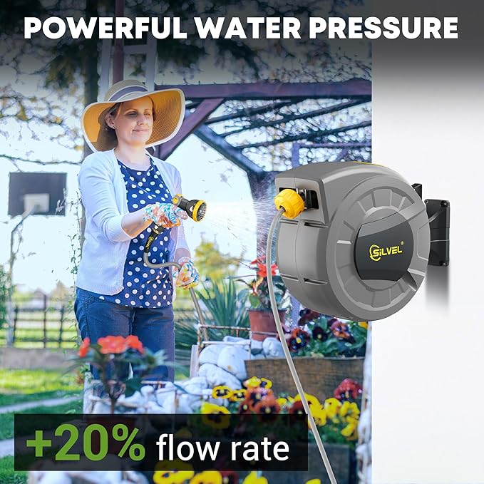 SILVEL 1/2 in x 110 FT Retractable Garden Hose Reel, UV Resistant Heavy Duty Automatic Hose Reel Wall Mount with 10 Pattern Nozzle, Any Length Lock & Slow Return System, 180°Swivel Bracket, Yellow
