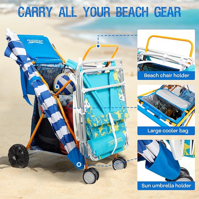 Old Bahama Bay Beach Cart with Large Wheels for Sand, Wide Wheelbase Beach Wagon with Insulated Cooler Bag, Body Board and Umbrella Holder | 100lb Capacity