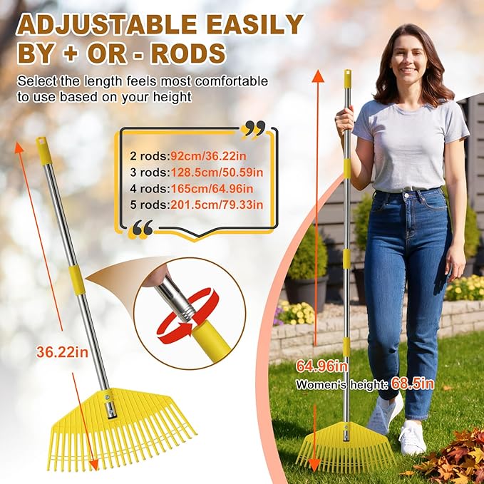 Garden Rake for Leaves - Extra Wide 18" Leaf Rake,Lightweight Long Handle for Women Seniors Kids Effortless Clean-Up,23 Non-Clog Flexible Tines for Lawn-Friendly,65” Adjustable Plastic Rakes for Yard