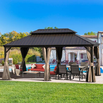 Domi Outdoor Living 12’ X 18’ Hardtop Gazebo, Outdoor Aluminum Frame Canopy with Galvanized Steel Double Roof, Outdoor Permanent Metal Pavilion with Curtains and Netting for Patio, Backyard and Lawn