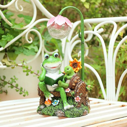 A-First Solar Garden Outdoor Statues Frog Turtle Reading Sculptures Figurine with Solar Lights for Patio Balcony Yard Ornament Outdoor Decor Gift