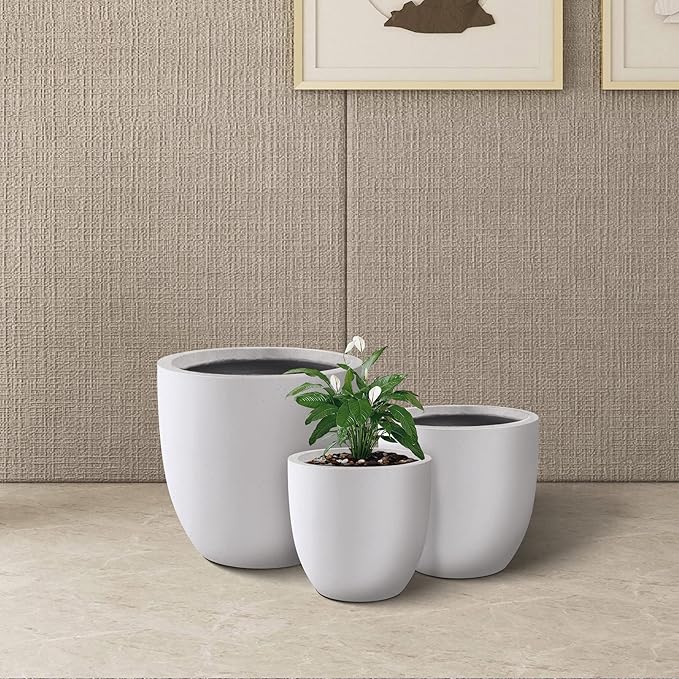 Kante 20",16.5",13.4" Dia Round Concrete Planters (Set of 3), Outdoor Indoor Modern Decorative Plant Pots with Drainage Hole & Rubber Plug for Home & Garden, Pure White