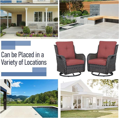 Luxury Wicker Swivel Patio Chairs Set of 3, Outdoor Swivel Rocking Chairs with Side Table, Outdoor Bistro Set for Patio, Porch, Yard, Deck, Poolside, Brown/Red
