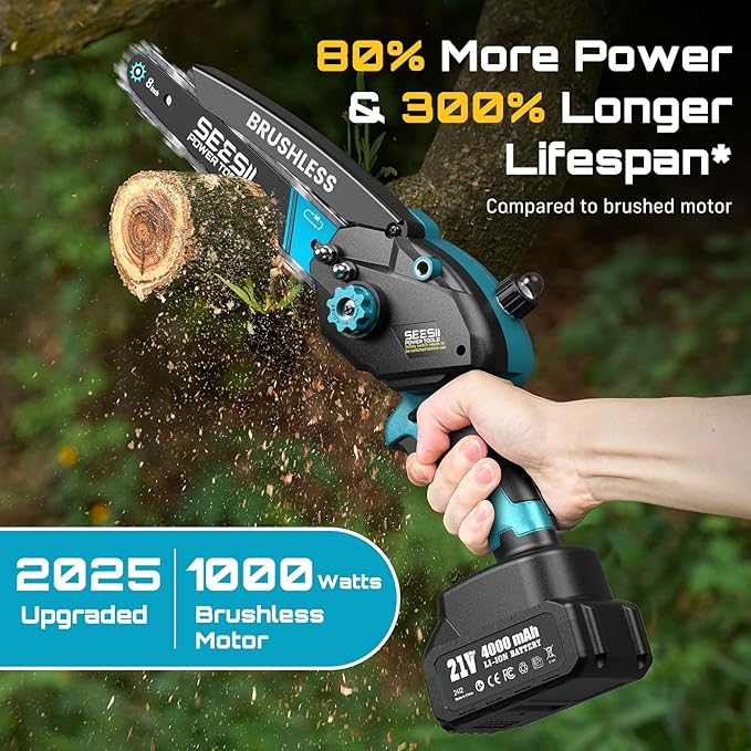 Mini Chainsaw Cordless Battery Powered: 8 inch & 6 inch Electric Chain Saw with 2 Pack 4000mA Batteries, Handheld Saw for Trees Branches Trimming Wood Cutting, Gardening Tools for Dad Husband Men