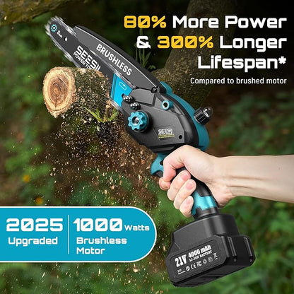 Mini Chainsaw Cordless Battery Powered: 8 inch & 6 inch Electric Chain Saw with 2 Pack 4000mA Batteries, Handheld Saw for Trees Branches Trimming Wood Cutting, Gardening Tools for Dad Husband Men