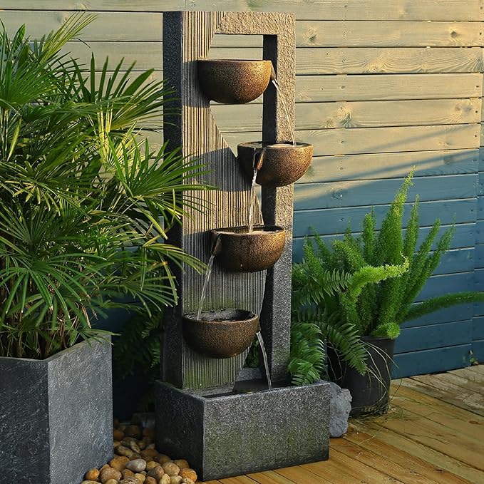 Outdoor-Water-Fountain Waterfalls Garden Fountain 5-Tier Outdoor Floor Standing Water Fountains with Natural Stones, LED Lights, Pump for Garden, Living Room, Patio, 49.2 Inches Tall