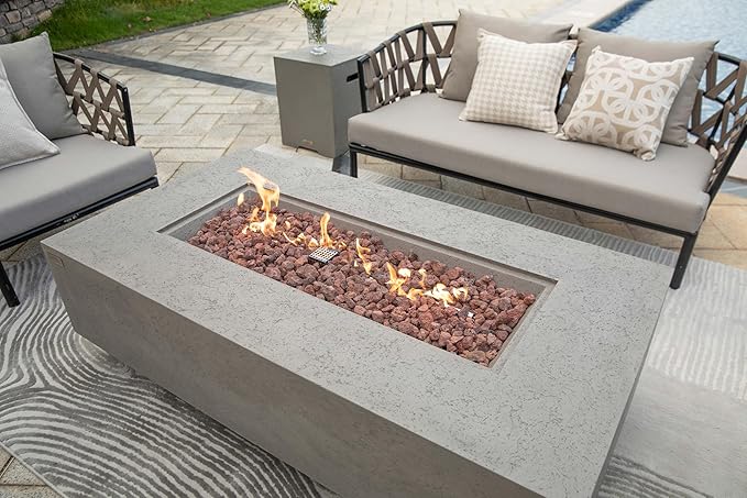 AMS Creations | Madison 60" Bundle Rectangular Propane Gas Outdoor Fire Pit Table | Light Gray Concrete GFRC | Limestone Texture or Surface | Electronic Ignition | Outside Backyard Fireplace
