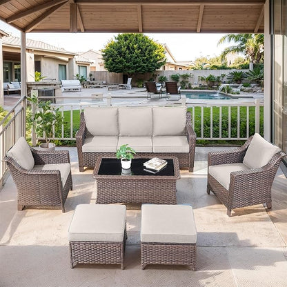 6 Pieces Outdoor Patio Furniture-High Back Rattan Wicker Couch with Outdoor Chairs Patio Conversation Sets for Porch Garden Backyard Poolside-Brown/Beige