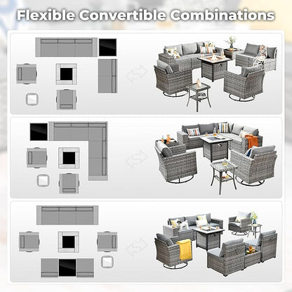 ovios 10 Pieces Patio Furniture Set, Outdoor Wicker Sectional Sofa with 30" Fire Pit Table Swivel Chairs, Modern Modular Deep Seat Rattan Couch Conversation Sets, Dark Grey