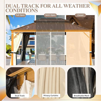 YOLENY 12'x16' Hardtop Gazebo, Wood Grain Aluminum Frame Outdoor Gazebo with Galvanized Steel Roof, Permanent Metal Pavilion with Curtains and Nettings for Patio, Backyard, Deck and Lawns