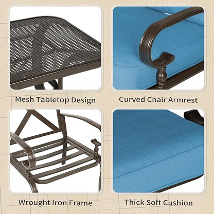 5Pcs Outdoor Furniture Patio Conversation Sets Loveseat, 2 Motion Spring Chairs with Coffee Table, Metal Frame Chair Set (Peacock Blue)