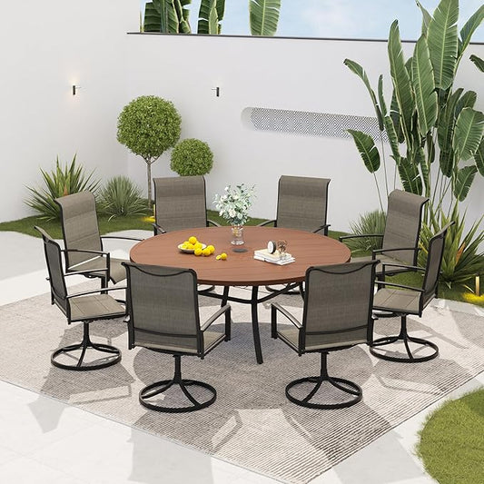 VICLLAX 53" Round Patio Dining Table for 6-8, Metal Outdoor Dining Table with Umbrella Hole for Patio, Garden, Balcony, Walnut