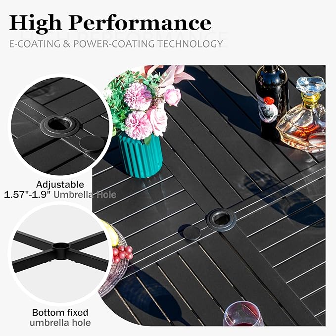 HERA'S HOUSE Patio Table and Chairs, 7 Pieces Outdoor Dining Set, 1 x Round Metal Table with 1.57”-1.9” Umbrella Hole, 6 x Grey Armrest Chairs for Deck Porch Backyard
