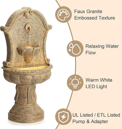 Glitzhome Outdoor Wall Mounted Water Fountain with LED Light and Pump, Antique European Style Multi-Tiered Faux Granite Sculptural Pedestal Outdoor Fountain for Porch Deck Patio Backyard, 49.25" H