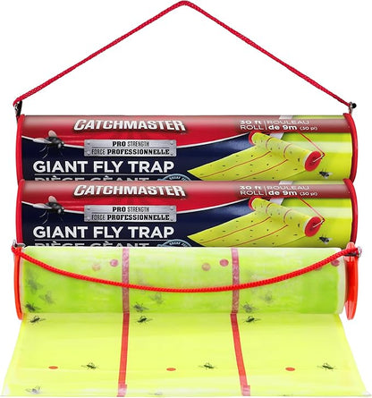 Catchmaster Giant Fly Glue Trap 3-Pack 30 Feet Each, Adhesive Fly Traps Outdoor, Sticky Bug Catcher, Bulk Flying Insect Paper Roll, Pest Control for Garage, Barn, Greenhouse & Garbage Room