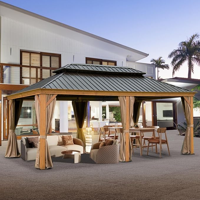 Domi Outdoor Living 12’x20’ Hardtop Gazebo, Wooden Coated Aluminum Frame Canopy with Galvanized Steel Double Roof, Outdoor Permanent Metal Pavilion with Curtains and Netting for Patio, Deck and Lawn