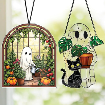 2 Cute Halloween Suncatcher Decorations, Spooky Cute Ghost Plant Window Hangings, Ghost with Black Cat Greenhouse, Pumpkin Ornaments Home Garden, Gifts for Plant Lovers, Women