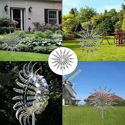2Pcs Unique Fantasy Metal Windmill, 3D Wind Powered Kinetic Sculpture, Dual-Tiered Opposite-Directional Rotation, Stainless Steel Wind Spinners, Silver