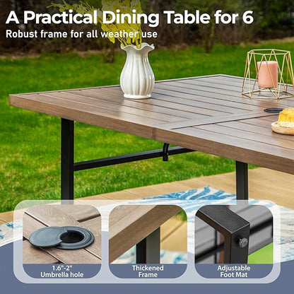7 Piece Patio Dining Set for 6, 64” Rectangular Wood-Like Steel Dining Table with Umbrella Hole, 6 x Blue Chairs, Outdoor Table and Chairs Set for Lawn Backyard and Deck