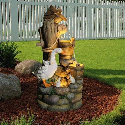 4-Tiers Cascading Outdoor Water Fountain, 31.9'' Tall Duck & Wooden Bucket Stump Waterfall Garden Fountains with LED Lights & Pump Water Feature Resin for Patio, Deck, Yard, Home Decor