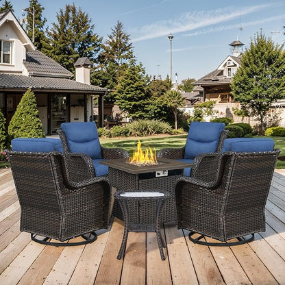 Patio Luxury Conversation Set 6PCS Resin Wicker Swivel Chairs Set, 4 Swivel Patio Chairs with Rattan Side Table and 30in Square Wicker Fire Table Set Brown Wicker|Blue Cushions