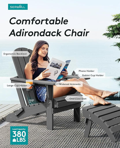 SERWALL Foldable Adirondack Chair Set of 2, HDPE Adirondack Chair with Wood-Texture-Gray