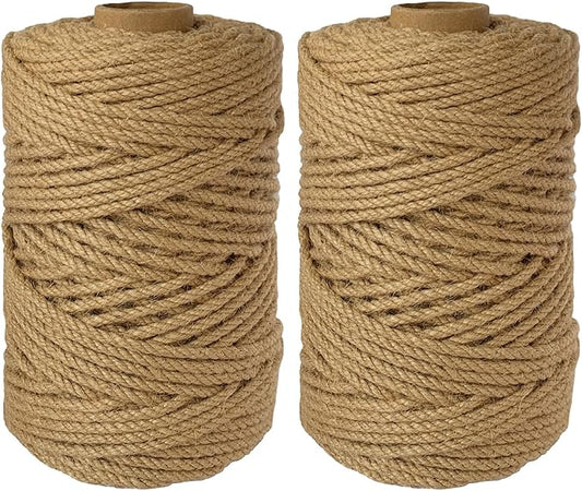2-Pack Natural Jute Twine Rope, 4mm x 656ft Heavy Duty & Eco-Friendly - for Crafts, Gardening, Cat Scratching Post, Bundling & Hanging, 328Feet/Roll