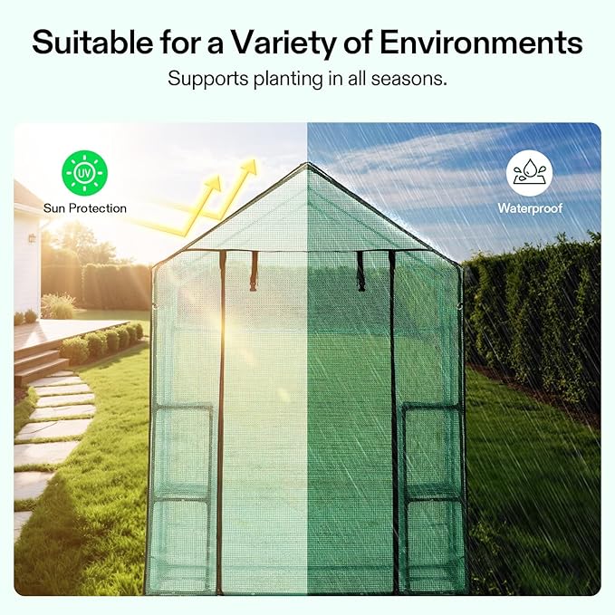 VIVOSUN 57x57x77 Inch Mini Walk in Green House with Window and Anchor, Plant Garden Hot House 2 Tiers 8 Shelves, 4.7 x 4.7 x 6.4 FT