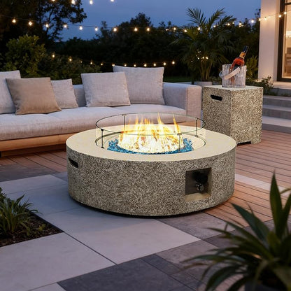 UPHA 42-inch Outdoor Propane Gas Fire Pit Table 50000 BTU Concrete Rectangle FirePit for Outside Patio with Propane Tank Cover, Wind Guad, Blue Glass Rocks, Rain Cover, Beige Texture