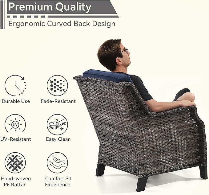 Patio Furniture Set 3 Pieces-Patio Chairs Set of 2 and A Side Table with Thick Cushions and All-Weather PE Wicker for Garden, Patio and Porch, Navy